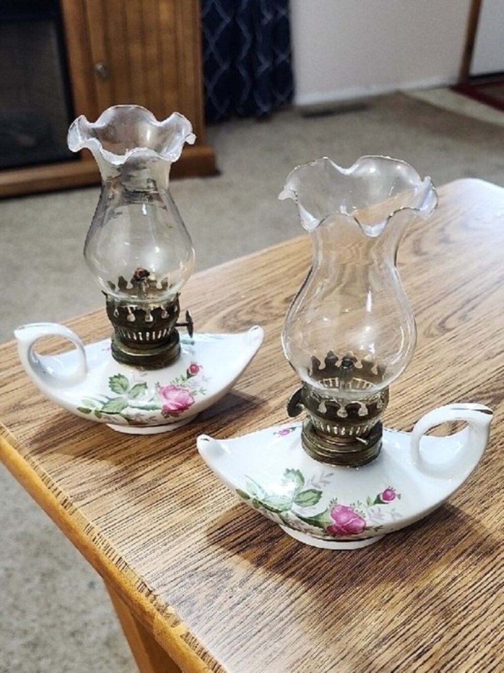 2 Hurricane Kerosine oil lamps pair Porcelain Pink Roses gold trim white lantern